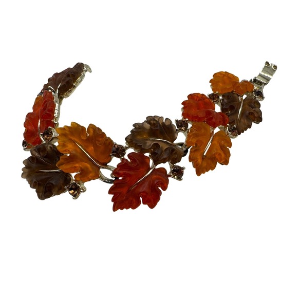 Lisner Leaf Autumn 7" Bracelet Orange Red Brown Rhinestone Fall Jewelry vintage - Picture 2 of 8